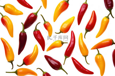 辣椒烧肉背景图片_红色和黄色的辣椒被隔离在白色背景上