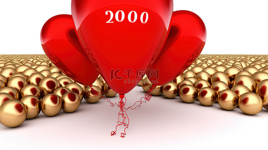 孤立的白色背景 3d 金色渲染，感谢您用红色心形气球和“2k”消息庆祝 2000 名追随者