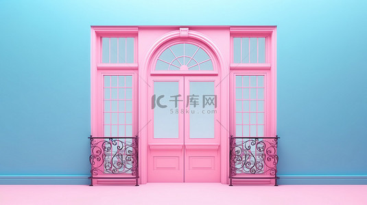 蓝色的门窗背景图片_粉红色背景双色调蓝色金属塑料 PVC 阳台门窗的 3D 渲染