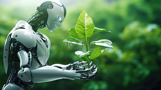3D 渲染中具有生态概念的绿色科技 Android 或 AI 机器人