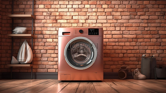 洗衣洗衣背景图片_现代金属洗衣机对砖墙的 3D 渲染