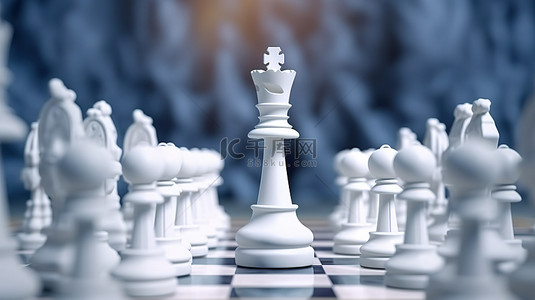 3d 插图国际象棋国王耸立在白色棋子的海洋上