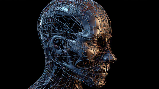 使用光纤通道技术在 3D 中呈现的未来派 AI 头部模型