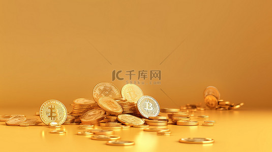 比特币加密货币硬币的数字黄金 3D 渲染非常适合米色背景下的电子商务投资