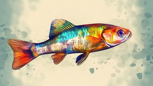 数字水彩动物鱼的 3d 渲染画