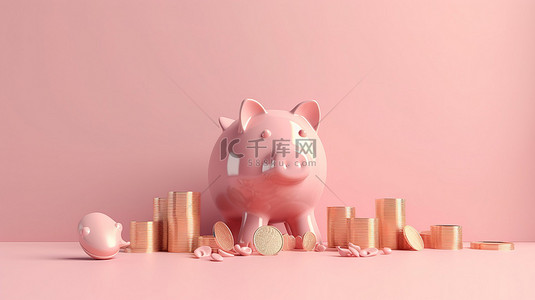 粉红色的存钱罐和金币堆在浅粉色背景下以 3d 渲染