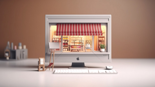 工作区背景图片_具有在线购物屏幕的台式计算机的 3D 渲染