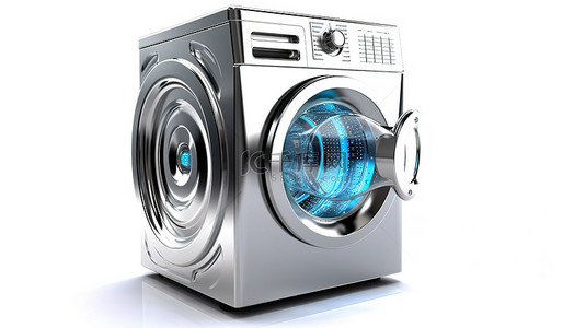 电子背景背景图片_干净的白色表面上当代金属洗衣机的 3D 渲染