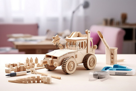 桌面模型中的木制建筑玩具和工艺品