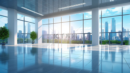 宽敞的办公厅的 3D 渲染，配有光滑的地板大窗户和黎明时令人惊叹的大城市景观