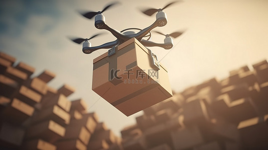 飞行中无人机的完美 3D 渲染图，它正在运输一个箱子和箱子下方的一堆箱子