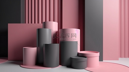 3d 渲染抽象圆柱设计中的几何粉红色和灰色讲台背景