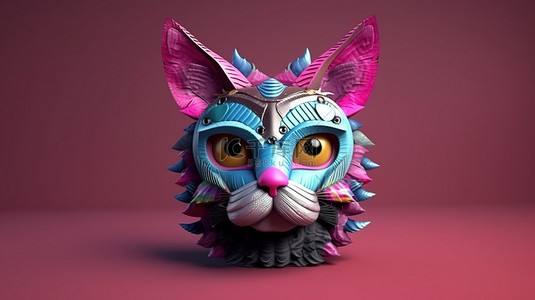 一只戴着面具的顽皮猫的异想天开的 3D 渲染