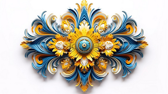 花刺背景图片_白色背景突出显示黄色和蓝色的抽象 3D 乌克兰装饰品