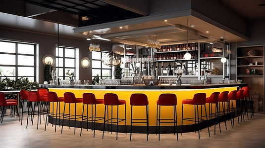 现代酒吧餐厅的现代 3D 渲染，具有时尚的柜台设计