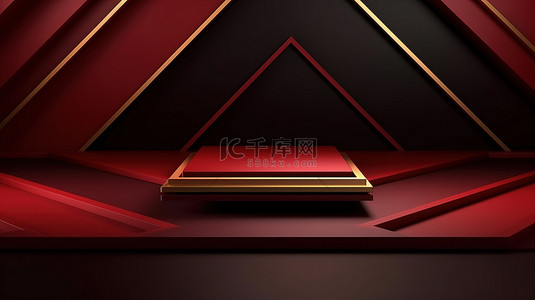 奢华的 3D 几何背景，带有深红色色调和镀金装饰，用于产品展示
