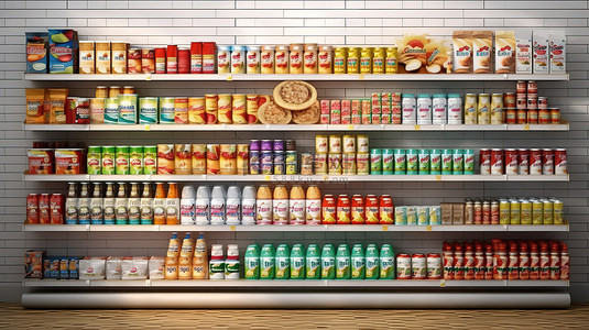 超市货架上的 3D 渲染产品展示