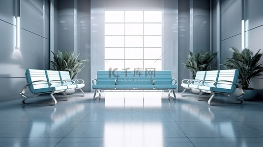 机场大巴背景图片_3d 渲染中机场航站楼等候区的插图