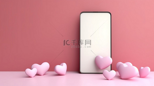 生日背景图片_带有空白屏幕和 3D 渲染粉红色心形的手机