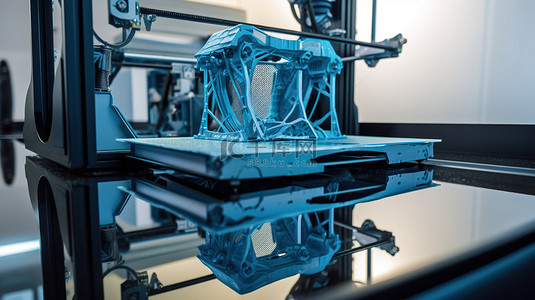 使用现代印刷技术，在具有蓝灰色色调的反射镜表面上关闭孤立的 3D 打印物体