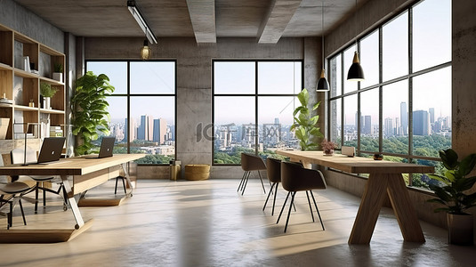 当代联合办公空间的 3D 渲染，以木材和混凝土室内城市景观以及现代家具和设备为特色