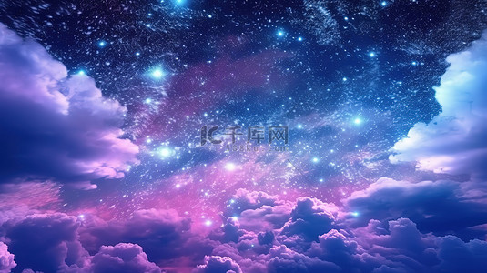 水彩粉色背景背景图片_垂直的 3D 渲染图像装饰着全息云和星星的天堂般的天空