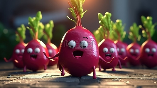 可爱的 3D 甜菜和萝卜插图，表情丰富