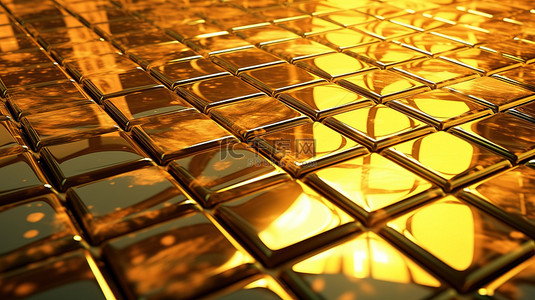 黄金色背景图片_反射金光的玻璃瓷砖地板的 3D 渲染
