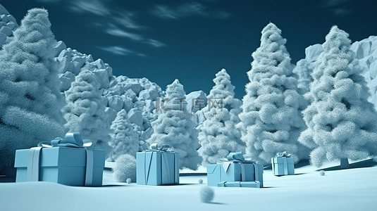 特卖冬季背景图片_3d 冬季仙境中的礼品盒雪花和树木
