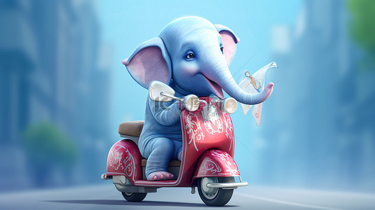 俏皮的 3D 大象骑着踏板车并举着标牌
