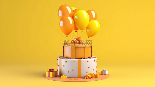 气球和礼品盒 3D 插图，配有圣诞节生日和庆祝活动的蛋糕