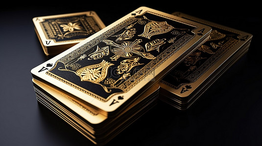 扑克牌3d背景图片_黑色背景上赌场元素金色扑克牌的 3D 渲染插图