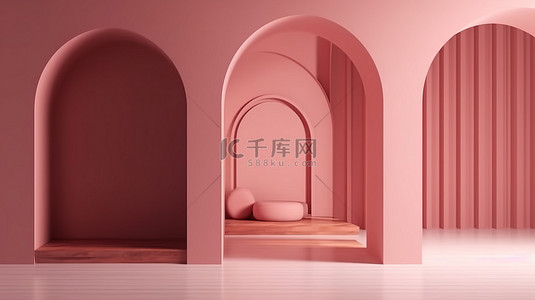 舞台模型背景图片_具有 3D 可视化效果的粉红色当代拱墙模型
