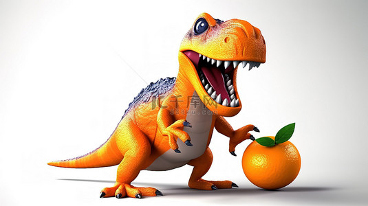 卡通怪物背景图片_手拿橙色水果的霸王龙的搞笑 3D 插图