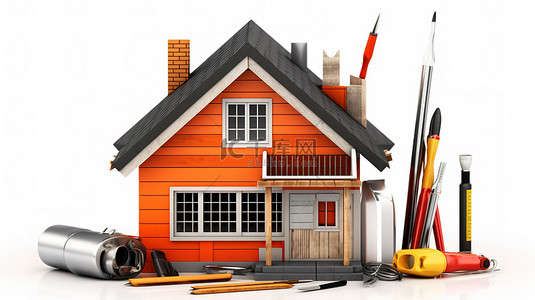 装修房屋背景图片_白色背景上的房屋和工具的 3d 渲染