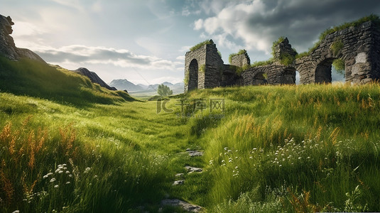 砖砌的背景图片_绿色草地上一座城堡的 3D 插图，有风化石砖墙