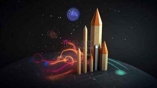 用于社交媒体营销的网络分析概念火箭图 3d 渲染