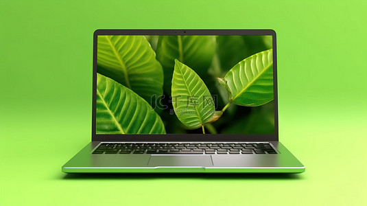 充满活力的绿叶背景 3d 渲染上的当代笔记本电脑