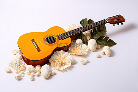 橙叶背景图片_白色背景上有米和橙叶的尤克里里吉他