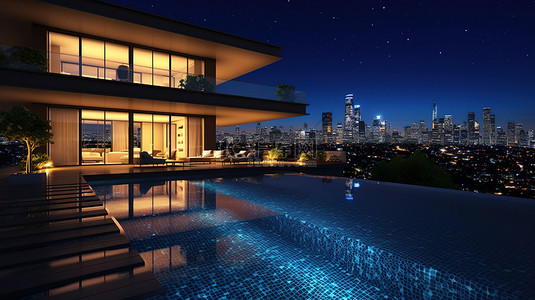 精致的无边泳池俯瞰着豪华别墅设计中迷人的城市景观 3D 渲染
