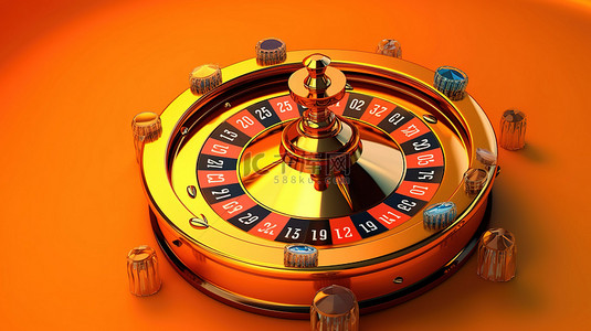 橙色背景下在线赌场中的 3D 渲染逼真轮盘赌轮和老虎机