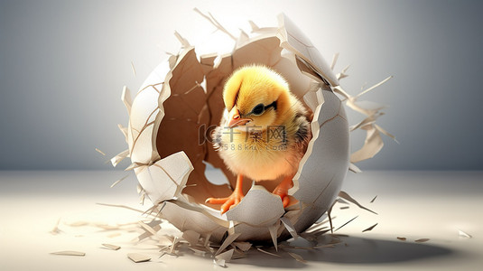 从出生到变老背景图片_3d 渲染可爱的小鸡从破裂的蛋壳中偷看