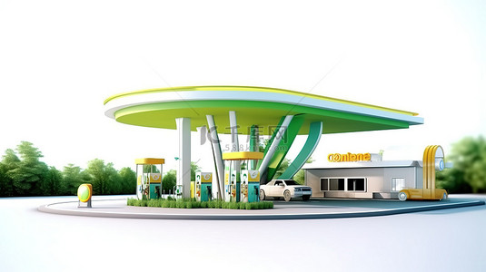 加油站新能源背景图片_白色背景下孤立生物燃料加油站的 3d 插图
