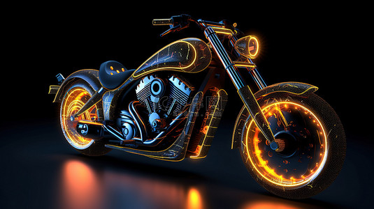 速度背景背景图片_具有发光点和线条的抽象形式摩托车的 3D 插图