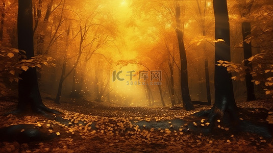 秋季壁纸背景图片_秋季魔法的金色薄雾，魔法森林在 3D 数字艺术中栩栩如生