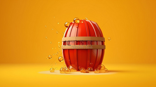 充满活力的黄色背景上橙色色调的天然有机蜂蜜桶桶的 3D 渲染