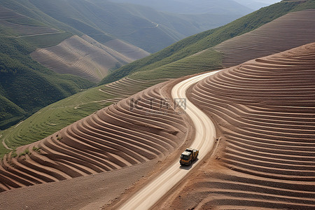 卡车尿素背景图片_一辆建筑卡车在山路上行驶