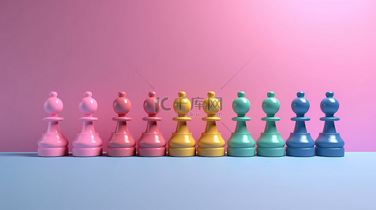 粉红色背景下充满活力的棋子体现了 3D 呈现的包容性独特性和创造力