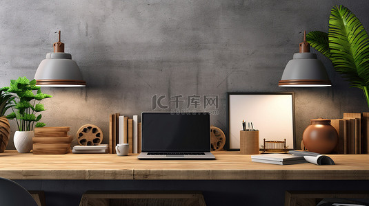 特写桌面背景图片_现代混凝土办公室内部的木桌上的空模拟笔记本电脑和装饰特写 3D 渲染