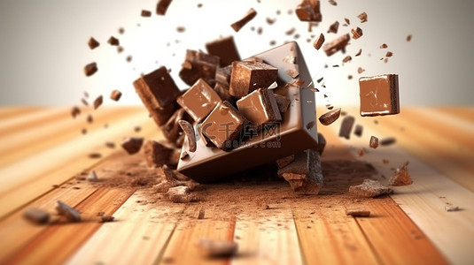 滑动条背景图片_巧克力块在轻木托盘上层叠和滑动的 3D 插图